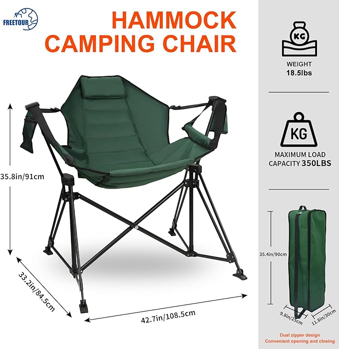 Hammock Camping Chair Folding 350lbs Foldable Portable Rocking Chairs for Adults Outside Swinging Camp with Stand Lawn Garden Hanging Outdoor