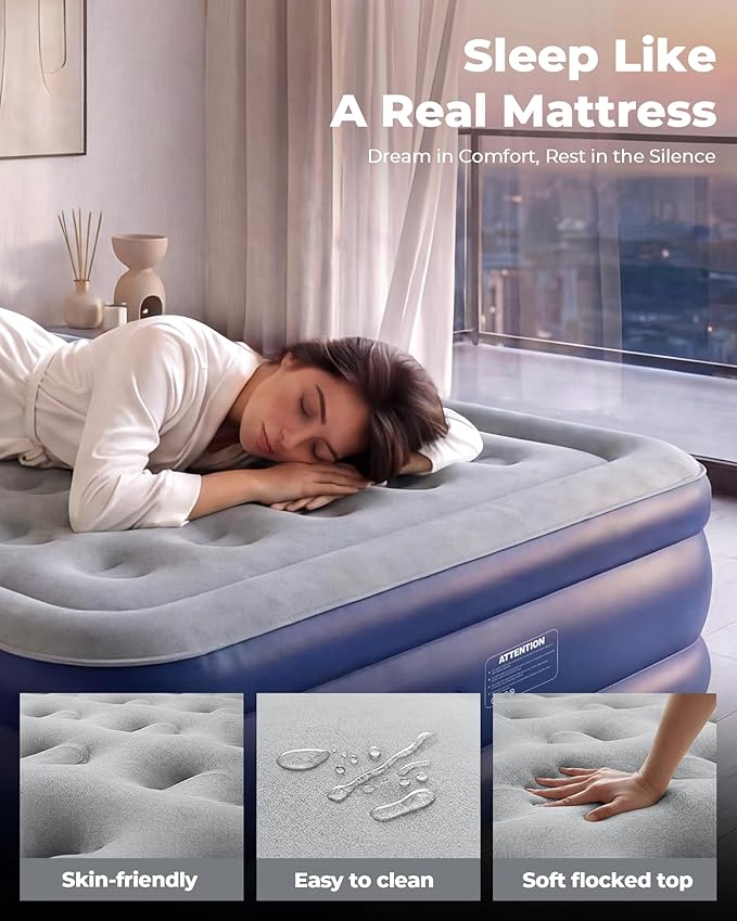 Full Size Air Mattress with Built in Pump, 18" Raised Inflatable Bed for Guest Room, 3-Min Quick Self-Inflating Airbed for Home Use Heavy Duty 600lbs Capacity
