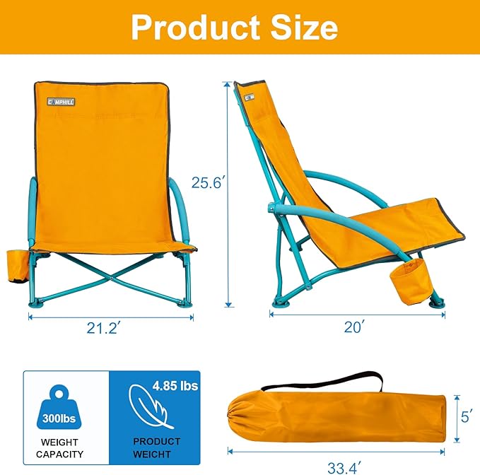 NORTHROAD Low Folding Beach Chair,Portable Lightweight Lowback Sling Chair, Outdoor Low Seat Camping Chair w/Cup Holder & Carry Bag for Sand Camping Lawn Picnic Festival,Orange