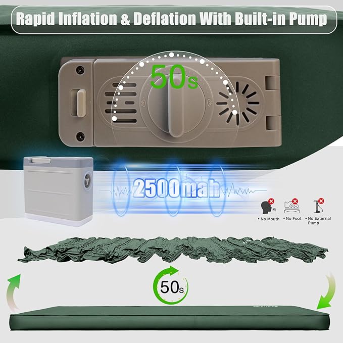 Self Inflating Sleeping Pad for Camping, 4" Extra-Thick Memory Foam Camping Mattress with Electric Pump, Fast Inflate & Deflate,9.5 R-Value Insulated Camping Pad for Car Travel Tent Cot, Green