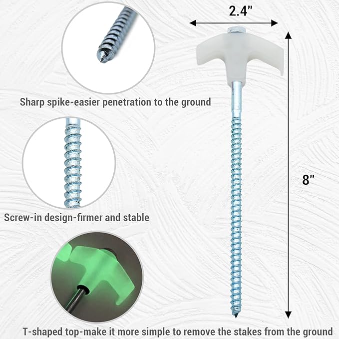 12 Pack Screw in Tent Stakes Heavy Duty-8” Metal Pegs for Ground, Drill in Camping Stake with Ratchet Tie Downs, Hex Head Driver, Spikes Puller, Protectors in a Carrying Bag, for Hiking