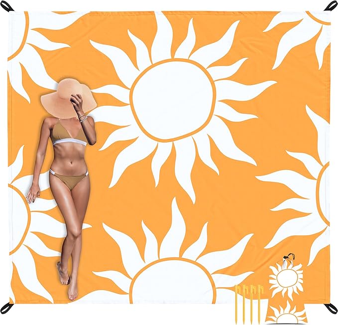 Beach Blanket, Waterproof Sandproof Beach Blanket with 4 Stakes & Pockets, 78''×86'' Lightweight Outdoor Picnic Blanket for Travel, Camping, Hiking