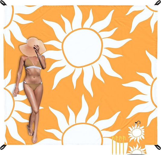 Beach Blanket, Waterproof Sandproof Beach Blanket with 4 Stakes & Pockets, 78''×86'' Lightweight Outdoor Picnic Blanket for Travel, Camping, Hiking