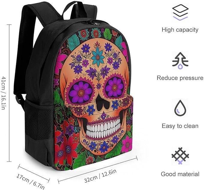 Supdreamc Daypack Backpack Anti-Theft Multipurpose Big Capacity Bookbag, Grunge Mexican Sugar Skulls Day Of The Dead Flowers Art Business Computer Bag With Side Pockets