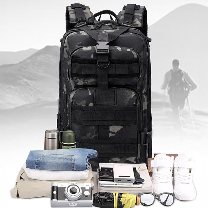 30L Comfortable Durable Military Tactical Backpack w/USA Flag Patch, MOLLE Hiking Camping Travel Bag,（black camouflage）