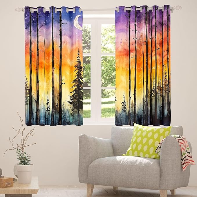 Happy Camping RV Blackout Curtains,Starry Sky Moonlight Pine Tree Natural Window Drapes,Camper Rustic Farmhouse Adventure Nursery Bedroom Playroom Decor,Orange 2 Panels,42Wx63L inch