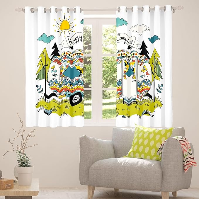 Erosebridal Kids Happy Camping Window Drapes Rv Camper Blackout Curtains 38" Wx45 L Vehicles Camping Decor Curtains for Bedroom Living Room,Rustic Camp Travel Car Window Treatments 2 Panels