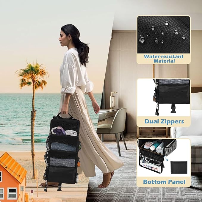 Surblue Travel Hanging Packing Cubes with 2 Hooks Hanging Shelves for Luggage Organizers Portable Compression 4 Shelf Closet Carry-on Suitcases Organizers, Small, Black