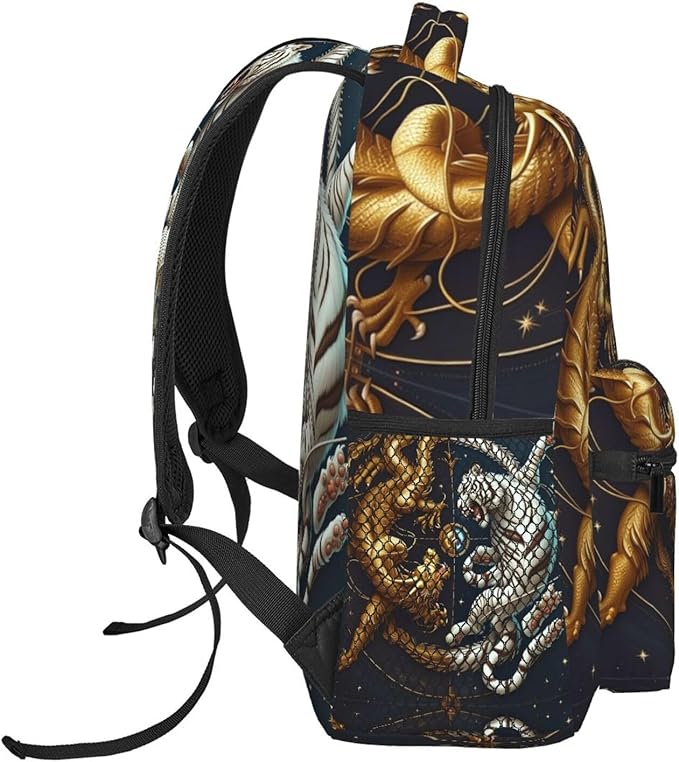 Daypack Backpack Multipurpose Anti-Theft Large Capacity Bookbag, Yin Yang Gold Dragon White Tiger Art Travel Hiking Camping Rucksack With Adjustable Shoulder Straps