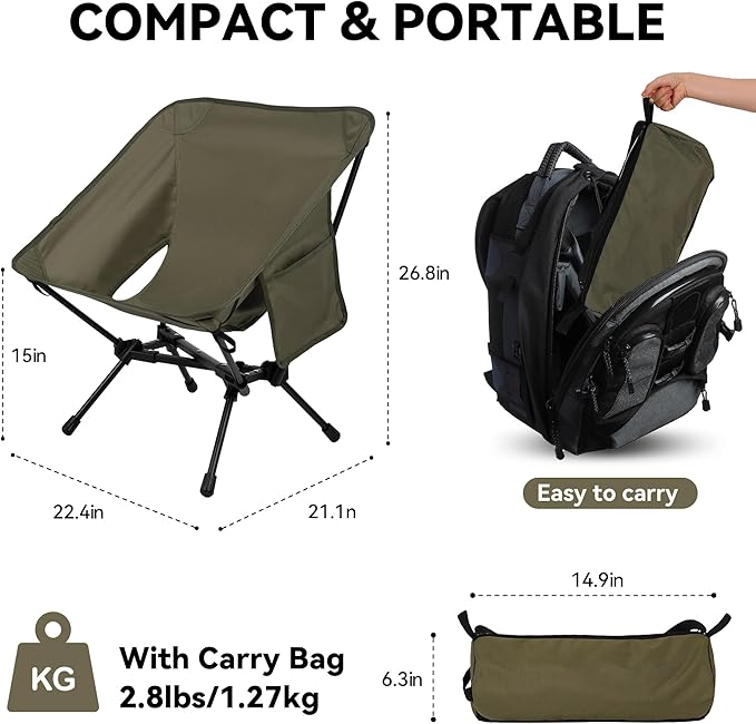 Ultralight Camping Chair, Portable Folding Backpacking Chair, Compact Camping Chair with Carry Bag for Outdoor Camp Hiking Backpack Beach Travel (Army Green)