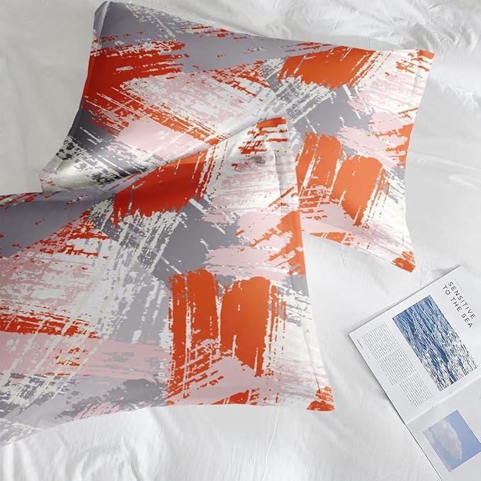 Comforter Set King Size, Urban Graffiti Orange Grey 7 Pcs Bedding for Kids and Adults, Abstract Paint Line Bed Sheet Sets with Fitted Sheet 2 Pillowcase & 2 Sham for Bedroom Bed Decor