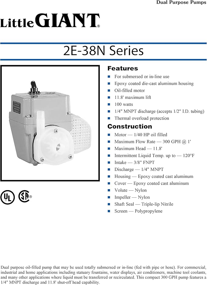 Little Giant 2E-38NY 230 Volt, 300 GPH, 1/40 HP, Manual In-line/Submersible Small Oil-filled Aluminum Pump with 12-ft. Cord (Plug-less), Blue, 502216