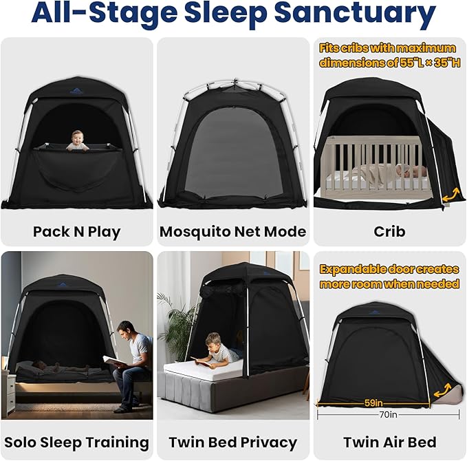 Baby Blackout Tent Fits Crib, Pack N Play, Toddler Travel Bed & Kids Cot, CPC Certified Sleep Pod with Fan Pocket 2 Mesh Doors, Breathable & Quiet Design, Easy Setup & Portable