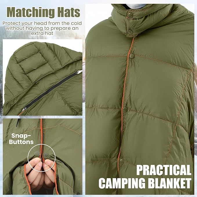 Hooded Down Camping Blanket Waterproof 650 Fill Puffy Poncho Blanket 77" x 50" Packable Wearable Sleeping Bag with Detachable Hat Outdoor Stadium Camping Cold Weather, 1.36 lb(Olive Green)