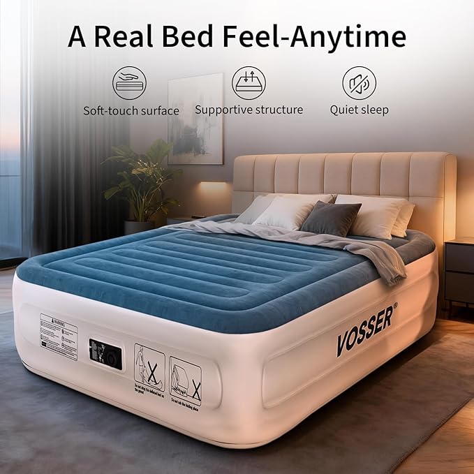 Queen Air Mattress with Built-in Pump,18'' Raised Blow Up Mattress, Leak-Proof Air Bed with Storage Bag, Flocked Top Inflatable Mattress for Home, Camping & Guests，800lbs