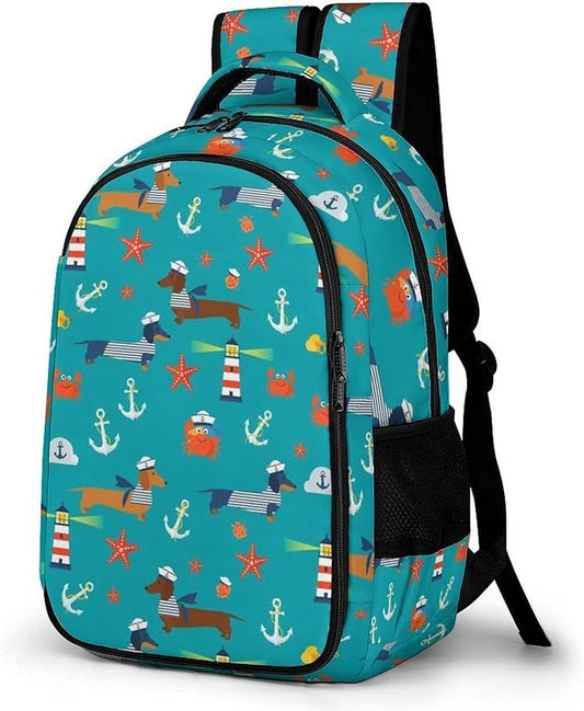 Water Resistant Laptop Backpack Dachshund Nautical Dog Pattern, Business Anti Theft Computer Bag with Water Bottle Pockets for College Men Women