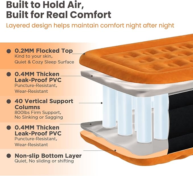 Twin XL Air Mattress with Built-in Pump, 80" Extra Long, Upgraded Durable Design, Enhanced Support & Lasting Firmness, 2-Min Fast Inflation, Air Bed for Guests & Camping, 500 lbs Capacity