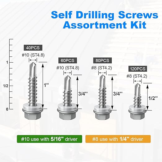 300Pcs Self Tapping Screws Assortment Kit, Self Drilling Screws for Metal, #8 1/2" 3/4" #10 3/4" 1", Sheet Metal Screws with Hex Washer Head