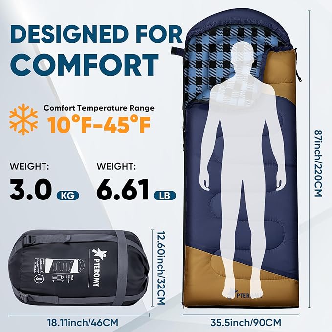PTEROMY Sleeping Bags for Adults, Lightweight and Machine Washable, Water Resistant Backpacking Camping Sleeping Bag for Warm Cold Weather, Camping Essentials for Hiking Travel