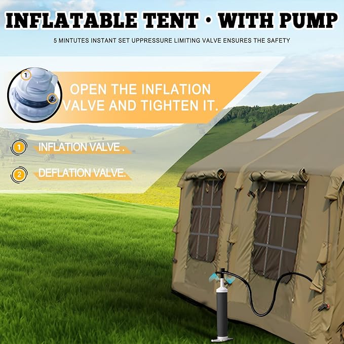 Inflatable Tent, Outdoor Easy Setup Inflatable Tents for Camping, Portable Blow Up Tent with Stove Jack, Cotton Canvas Material for Glamping, for 4 Season, 4/6/8/10 Person Use