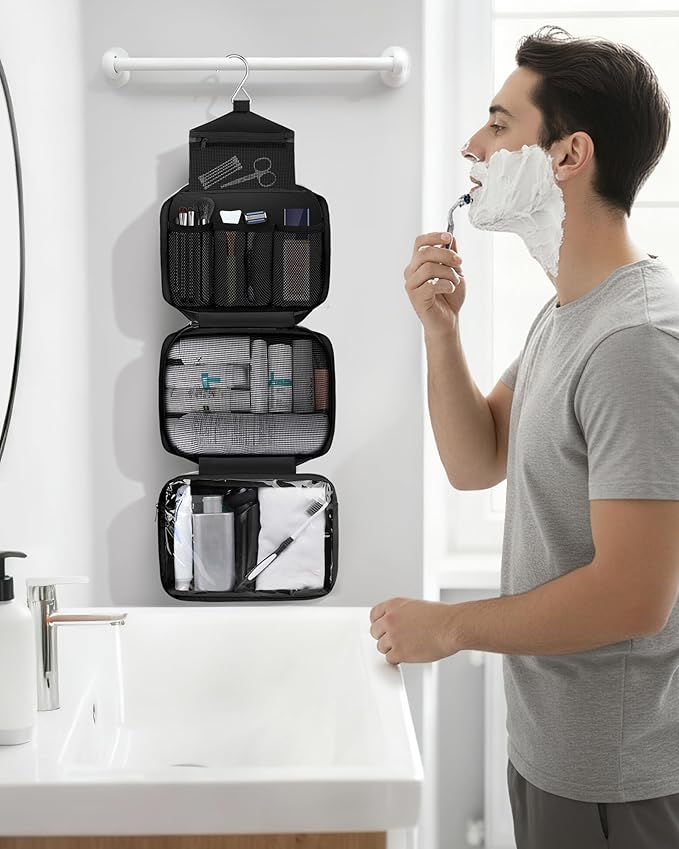 Maliton Toiletry Bag for Men & Women Travel Toiletry Bag Hanging Toiletry Bag Hygiene Organizer with 4 Compartments Waterproof Bathroom Shower Bag Large Toiletries Travel Bag(Black)