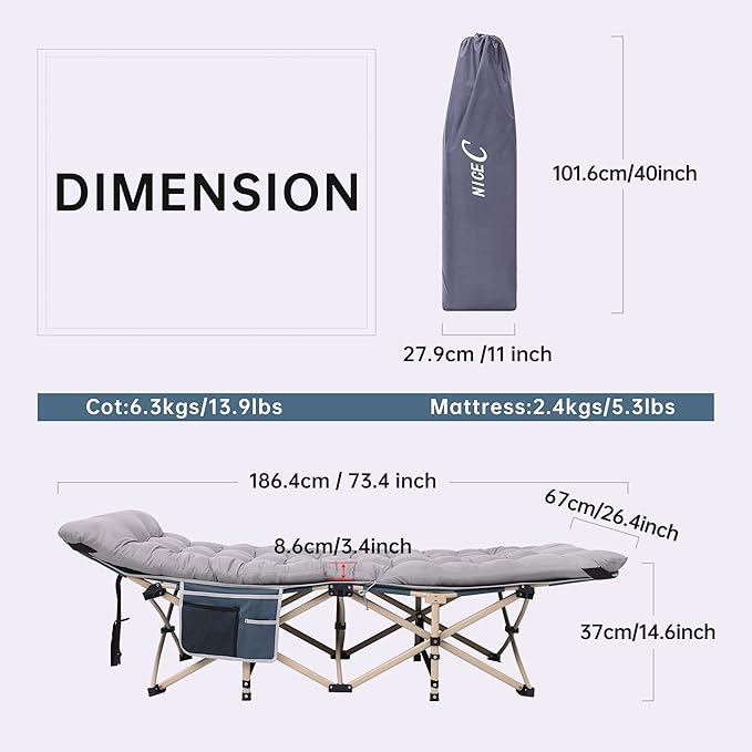 Nice C Camping Cots with Cushion, Camping Cots with Mattress, for Adults, Folding Cot, with Pillow, Carry Bag & Storage Pocket, Extra Wide Sturdy, Holds Up to 500 Lbs (1, Mattress Grey)