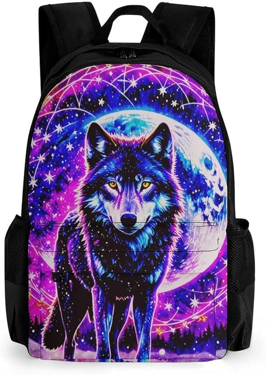 Supdreamc Men Women Polyester Trippy Wolf Space Galaxy Art Daypack Bookbag Big Capacity Shoulder Bag With Padded Straps for Climbing Travel Walking Cycling