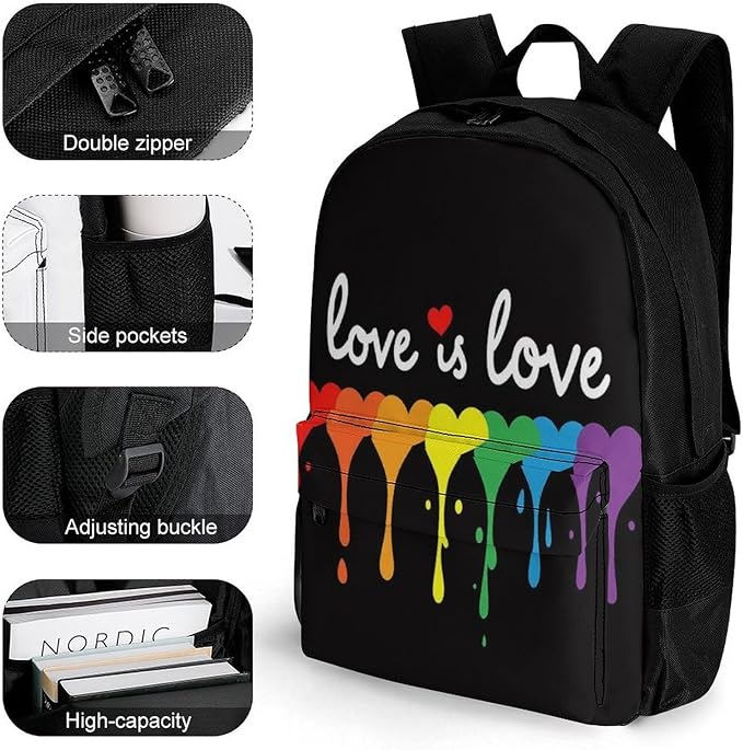 Supdreamc Men Women Lightweight Lgbt Pride Rainbow Heart Love Is Love Casual Daypack Large Capacity Bookbag With Adjustable Shoulder Straps for Gym Business Bicycle