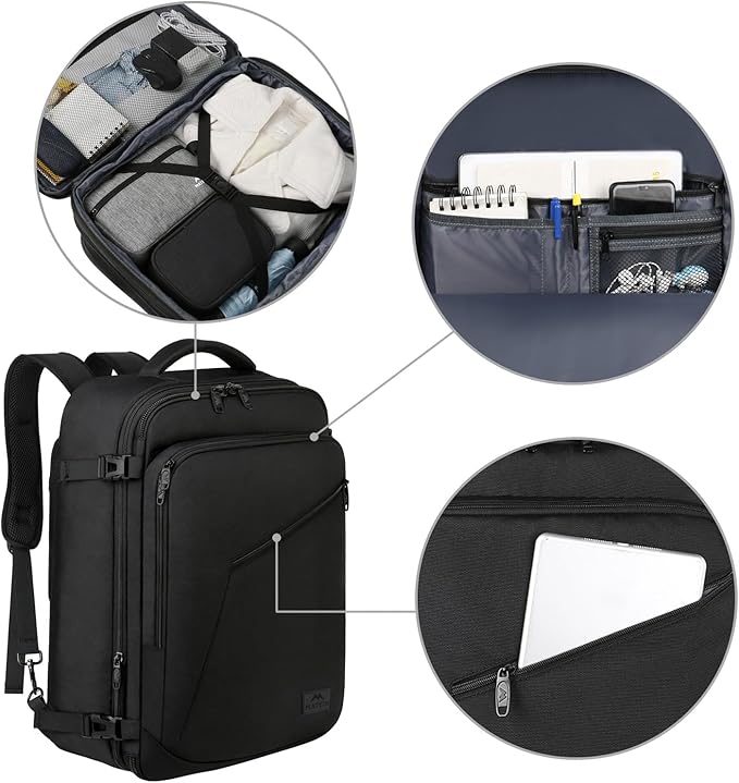 MATEIN Carry on Backpack, Extra Large Travel Backpack Expandable Airplane Approved Weekender Bag for Men and Women, Water Resistant Lightweight Daypack for Flight 40L, Black