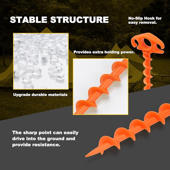 Tent Stakes Ground Anchors Screw in, 10 Pack Sand Stakes for Beach 9.4 Inch Heavy Duty Spiral Tent Pegs for Camping, Party, Hiking, Outdoor Decoration (10, Orange)