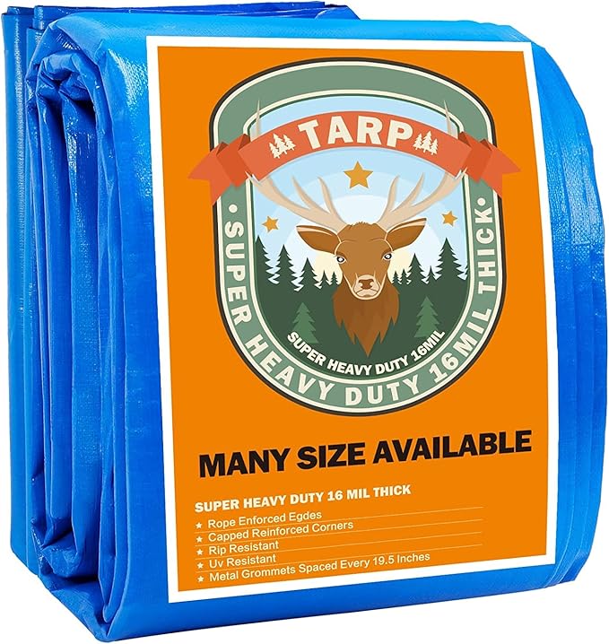Large 20x20 Tarp, Tarps Heavy Duty Waterproof 20x20, Waterproof Plastic Poly 16 Mil Thick Tarpaulin with Metal Grommets Every 19.5 Inches - Emergency Rain Shelter, Outdoor Cover, and Camping Use