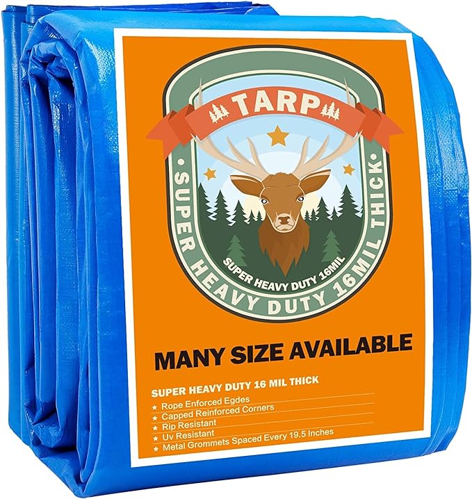 Blue Tarp, Tarps Heavy Duty Waterproof 8x16, Waterproof Plastic Poly 16 Mil Thick Tarpaulin with Metal Grommets Every 19.5 Inches - Emergency Rain Shelter, Outdoor Cover, and Camping Use