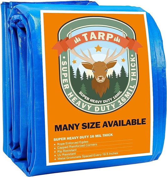 Blue Tarp, Tarps Heavy Duty Waterproof 8x16, Waterproof Plastic Poly 16 Mil Thick Tarpaulin with Metal Grommets Every 19.5 Inches - Emergency Rain Shelter, Outdoor Cover, and Camping Use