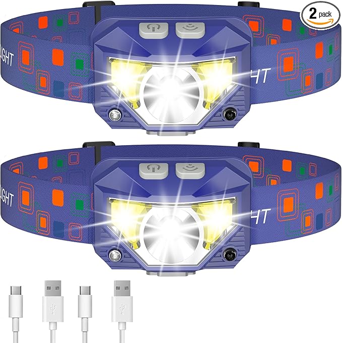 LHKNL Headlamp Flashlight, Lumen Ultra-Bright LED Rechargeable Headlight with White Red Light,2-Pack Waterproof Motion Sensor Head Lamp,8 Modes for Outdoor Camping Running Fishing- Blue