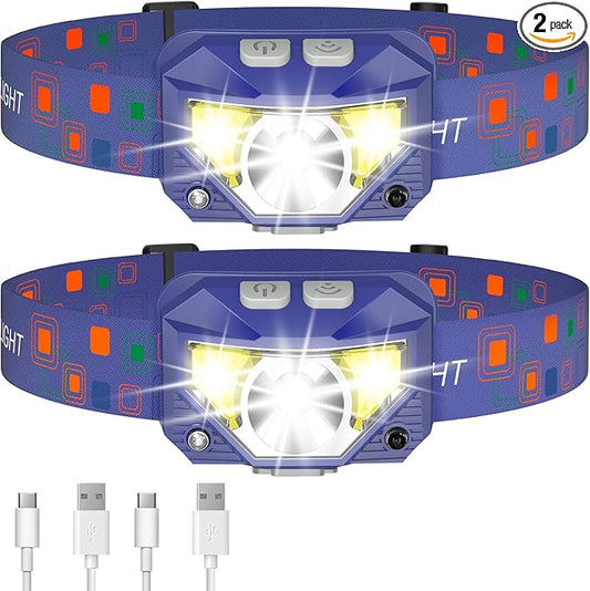 LHKNL Headlamp Flashlight, Lumen Ultra-Bright LED Rechargeable Headlight with White Red Light,2-Pack Waterproof Motion Sensor Head Lamp,8 Modes for Outdoor Camping Running Fishing- Blue