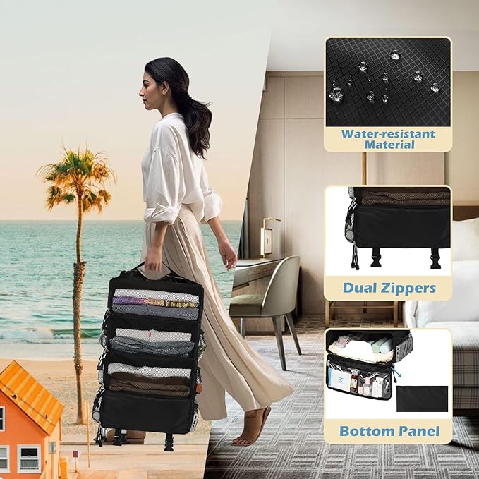 Surblue Travel Hanging Packing Cubes with 2 Hooks Hanging Shelves for Luggage Organizers Portable Compression 4 Shelf Closet Carry-on Suitcases Organizers, Medium, Black