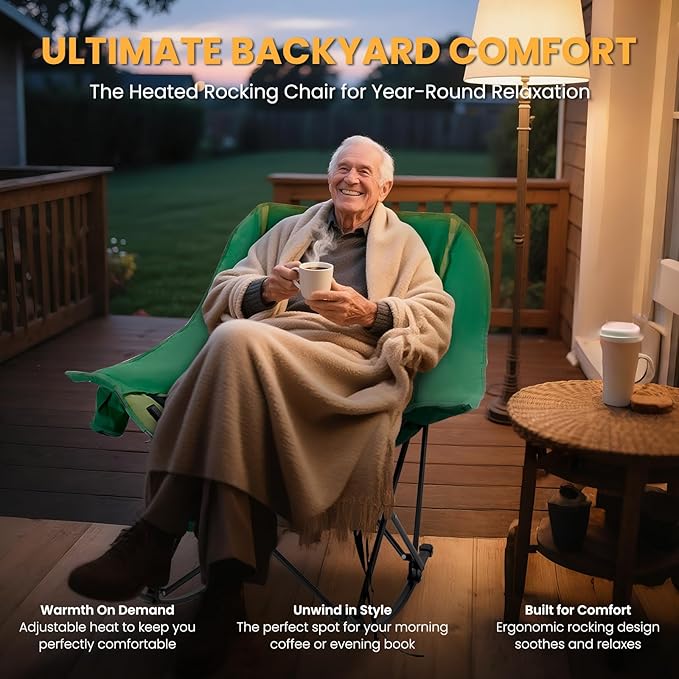 Begonia.K Oversized Heated Rocking Camping Chair - 400lbs Capacity Padded Camping Recliner w/ 3 Levels Back Seat Heat - Folding Lawn Chair with Side Pockets for Camp Patio Backyard