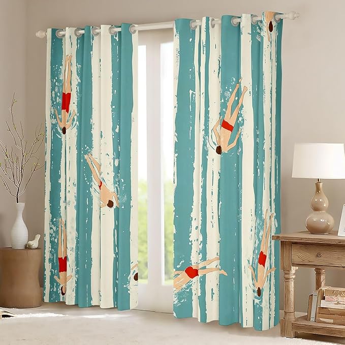 Manfei Swimming Window Drapes,Swim Sports Games Fitness Blackout Curtains,Swimming Pool Modern Fashion Nursery Bedroom Playroom Decor,Retro Blue 2 Panels,52Wx63L inch