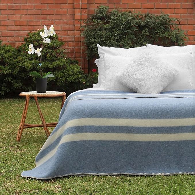Thick Alpaca Wool Blanket Heavyweight Camping Outdoors Indoors Soft Peru King Size Stripes Design (Soft Blue - Ivory Stripes, King Size)