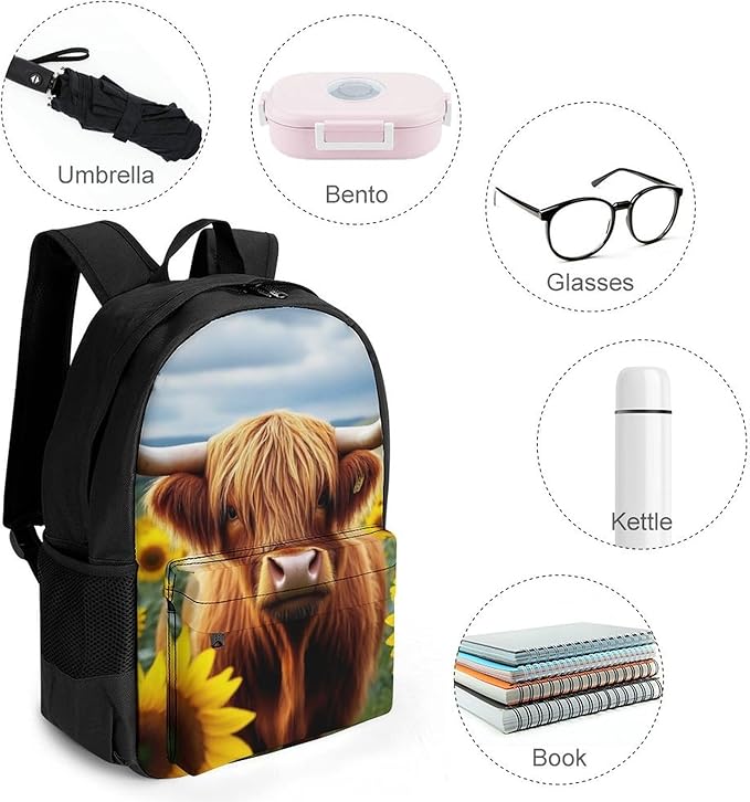Men Women Polyester Sunflower Highland Cow Daypack Backpack Large Capacity Carry On Bag With Smooth Zippers for Hiking Picnic Walking Cycling