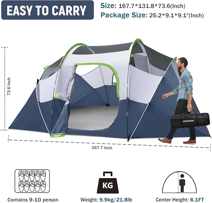 HIKERGARDEN 10 Person Camping Tent - Portable Easy Set Up Family Tent for Camp, Windproof Fabric Dome Tent Outdoor for Hiking, Backpacking, Traveling-14'x11'x74in(H)