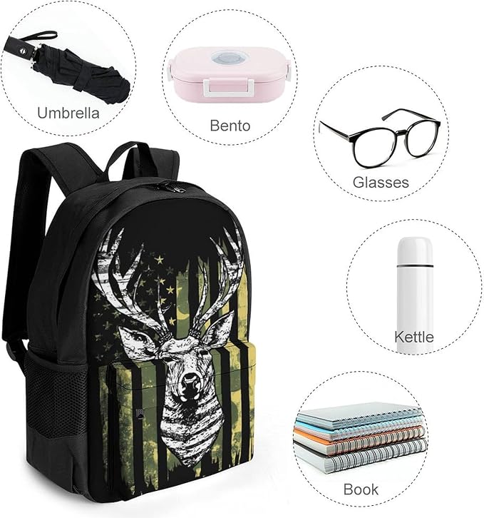 Lightweight Rucksacks for Camping Picnic Walking Cycling, Large Capacity Multipurpose Anti-Theft Carry On Bag, Camouflage American Flag Hunting Camo Deer Black Travel Hiking Camping Rucksack
