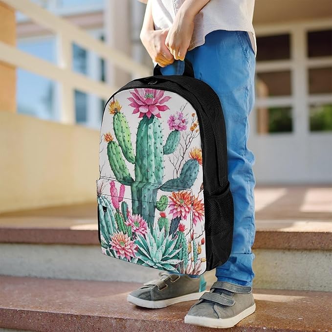 Men Women Polyester Natural Vintage Watercolor Bouquet Boho Style Cactus Succulent Flowers Twigs Daypack Backpack Large Capacity Carry On Bag With Smooth Zippers for Hiking Picnic Walking Cycling