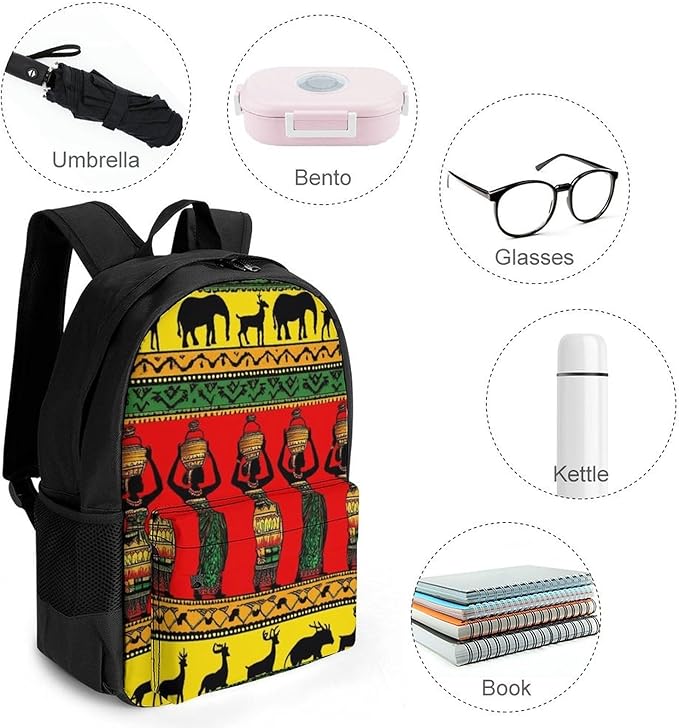 Daypack Backpack Anti-Theft Multipurpose Large Capacity Carry On Bag, Ethnic Tribal African Black Women Deer Elephants Art Traveling Camping Backpack With Side Pockets