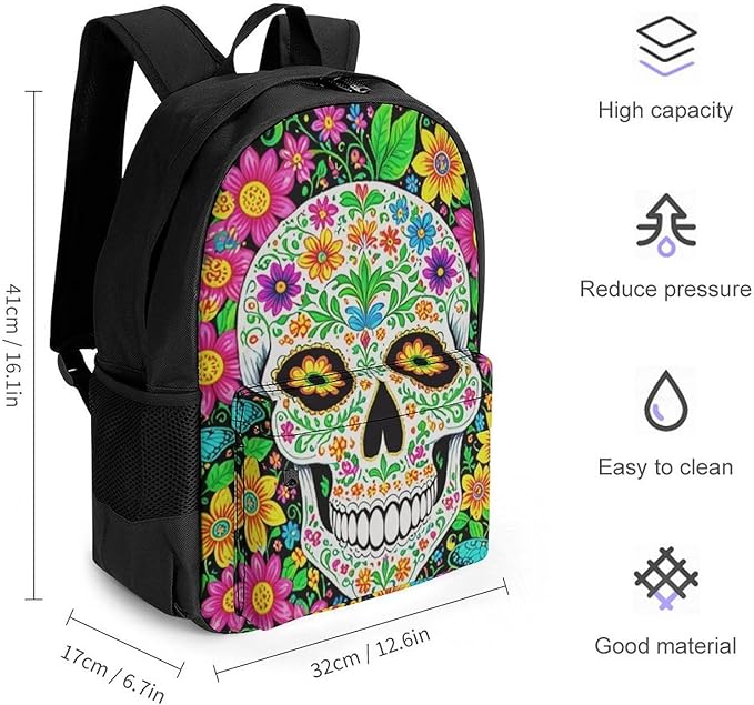Supdreamc Daypack Lightweight Multipurpose Anti-Theft Colorful Floral Sugar Skull Shoulder Bag Large Capacity Laptop Book Bag Rucksack With Adjustable Shoulder Straps