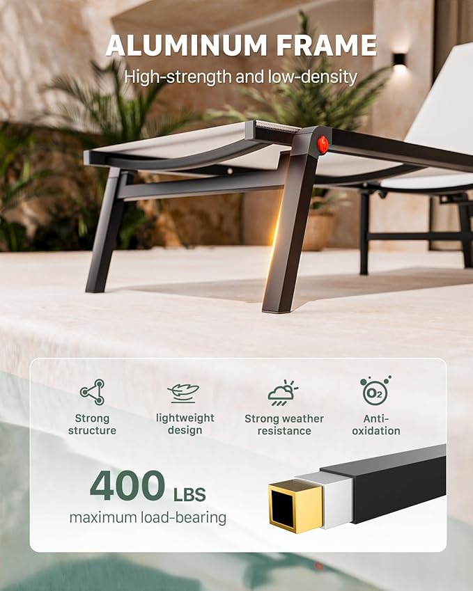 Aluminum Patio Chaise Lounge Chair Set of 2 with Side Table,5-Position Adjustable Backrest,Foldable Lounge Chair Outdoor,Pool Lounge Chairs for Poolside,Lawn,Deck,Beach (White, 2 Pack+Table)