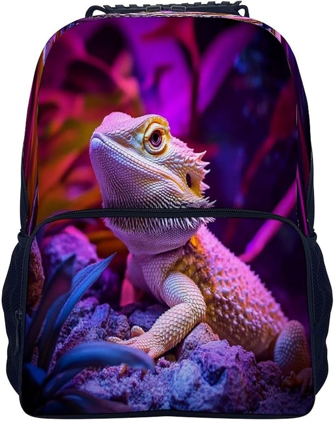 Lightweight Backpack for Gym Travel Bicycle, Big Capacity Multipurpose Anti-Theft Carry On Bag, Purple Art Cool Bearded Dragon Lizards Travel Hiking Bag Day Pack