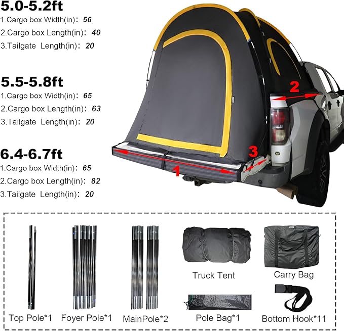 Pickup Truck Blackout Tent, Portable Truck Bed Tent for Camping, Waterproof PU2000mm Double Layer for 2 Person, Compact and Full Size Regular Bed Long Bed (Black)