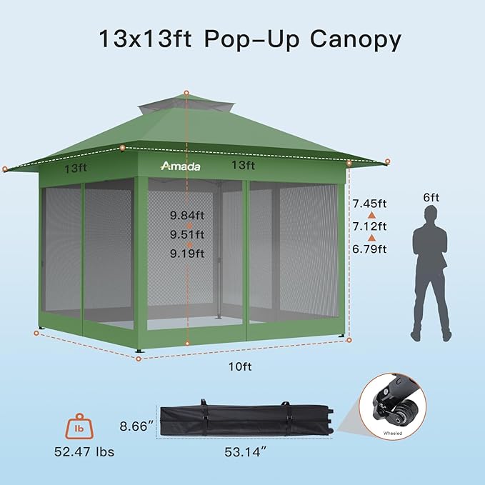 Amada 13x13 Pop Up Gazebo for Backyard & Patio Furniture,Gazebos on Clearance with Wheeled STO-N-Go Cover Bag,Carpa Pop Up Tent Party Tent and Shelter with Mosquito Netting for Lawn,Garden,Deck,Green