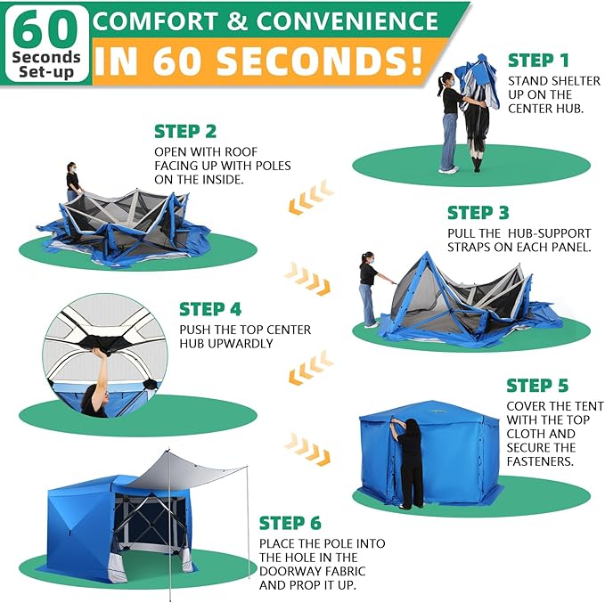 COBIZI Pop Up Gazebo Screen Tent Screen House for Camping, 12x12 Screen Room with Mosquito Netting, Hub Tent Instant Screened Canopy with Carrying Bag and Ground Stakes, Blue